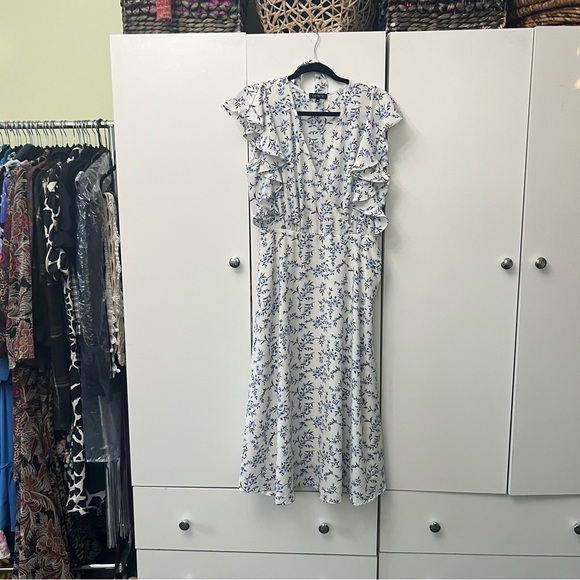 1. SLATE Blue & White Floral Sleeveless Ruffle Midi Modest Dress V-Neck Sz 8 - Picture 3 of 16